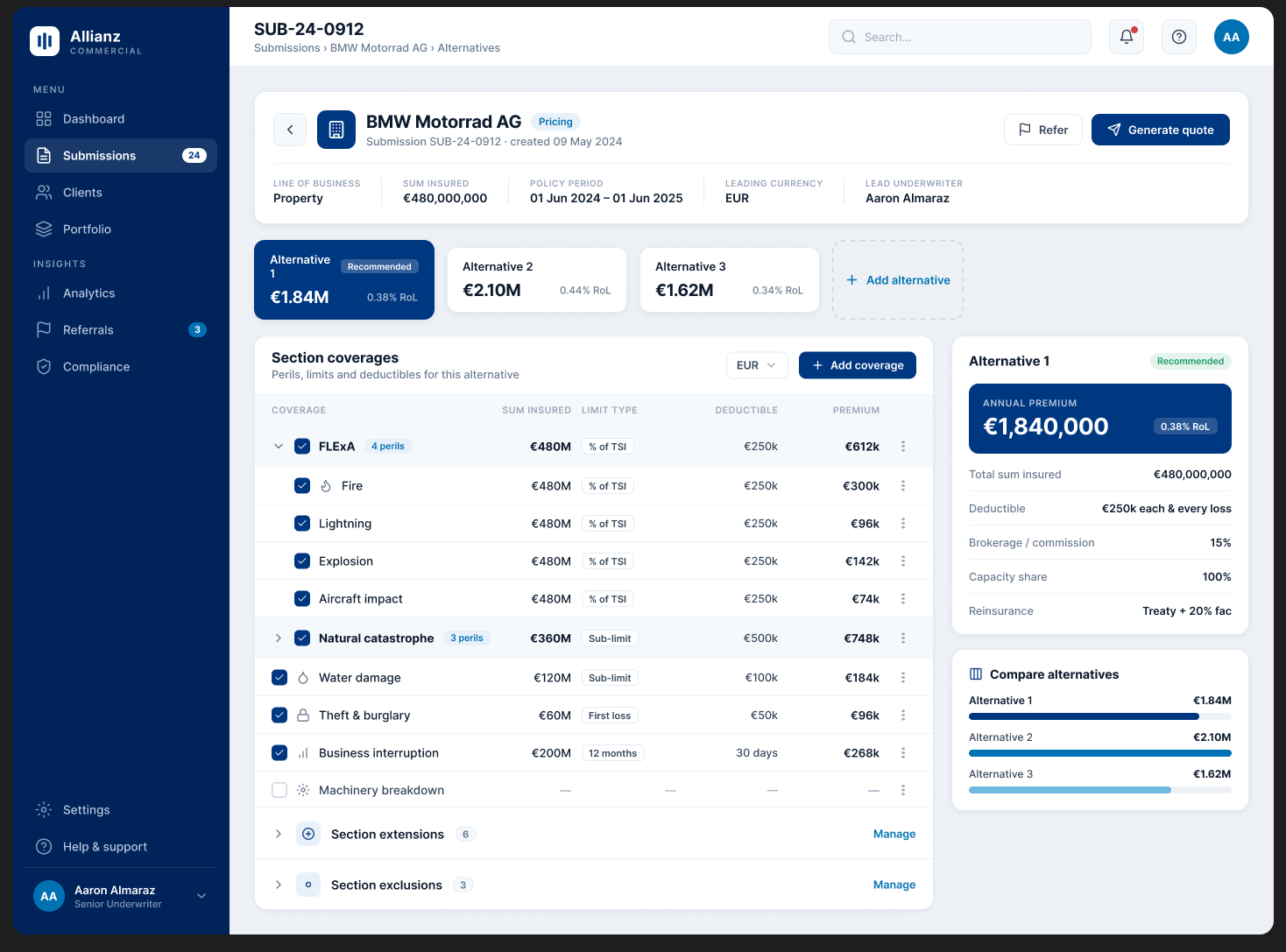 Alternatives and coverages screen with a coverage builder and a compare-alternatives panel