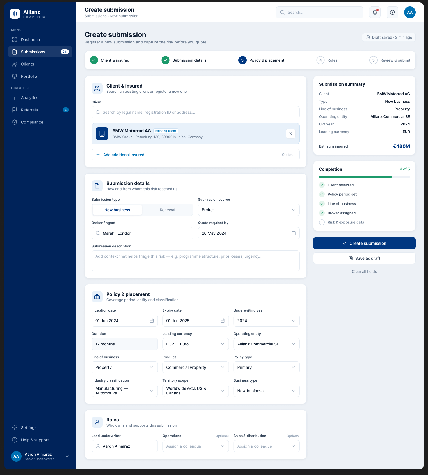 Create submission screen: a stepped form with a client card, policy and placement, roles, and a live summary rail