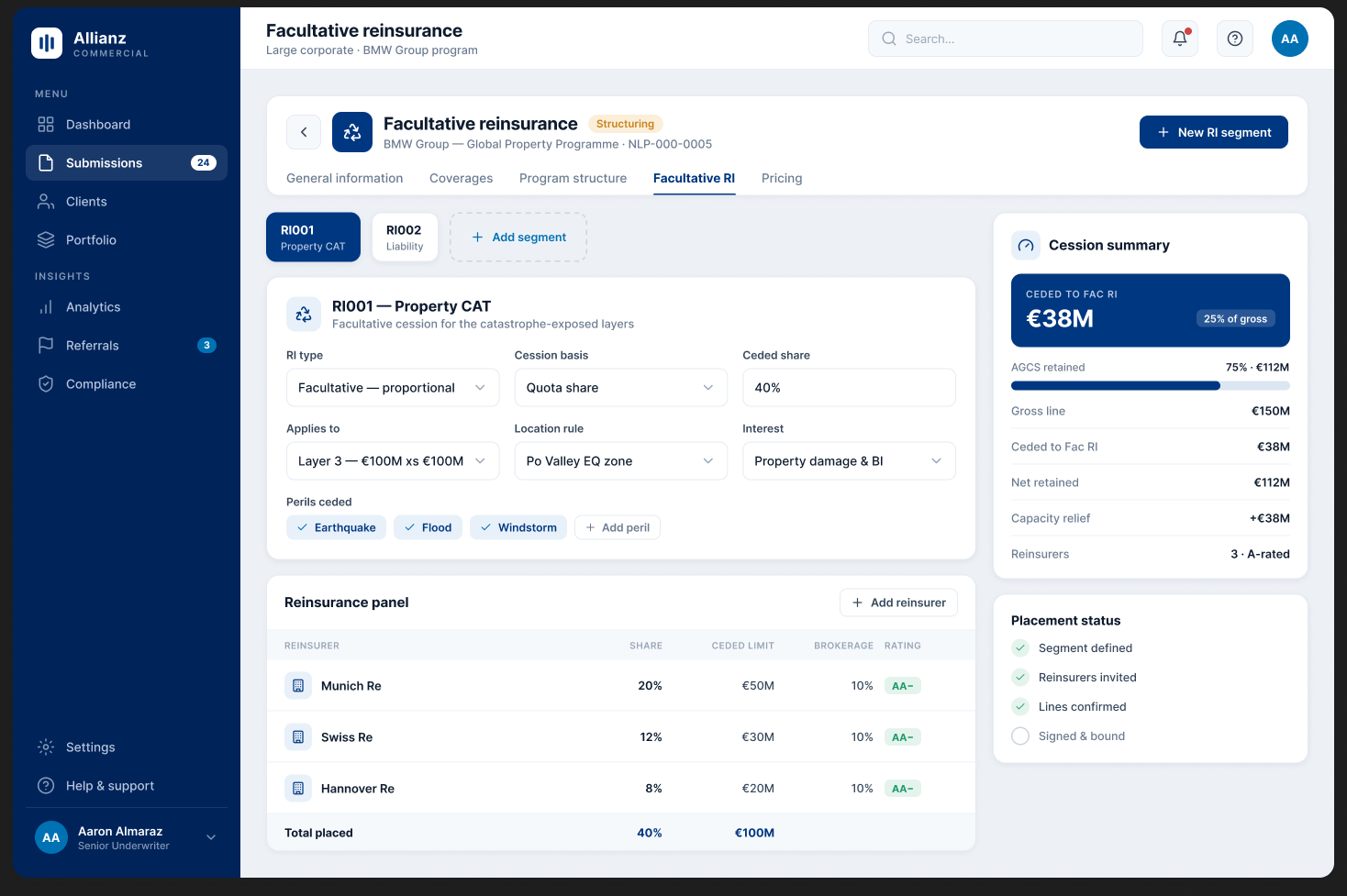 Facultative reinsurance screen with segment detail, a reinsurance panel and a cession summary