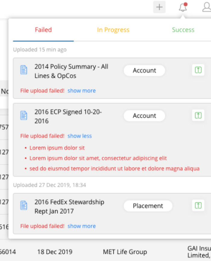 Notification centre with failed, in-progress and success tabs