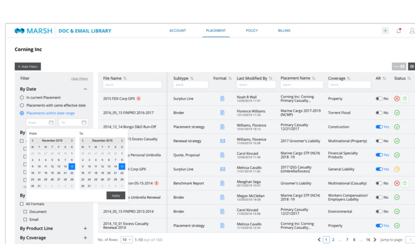 Placement tab with a date-range filter open