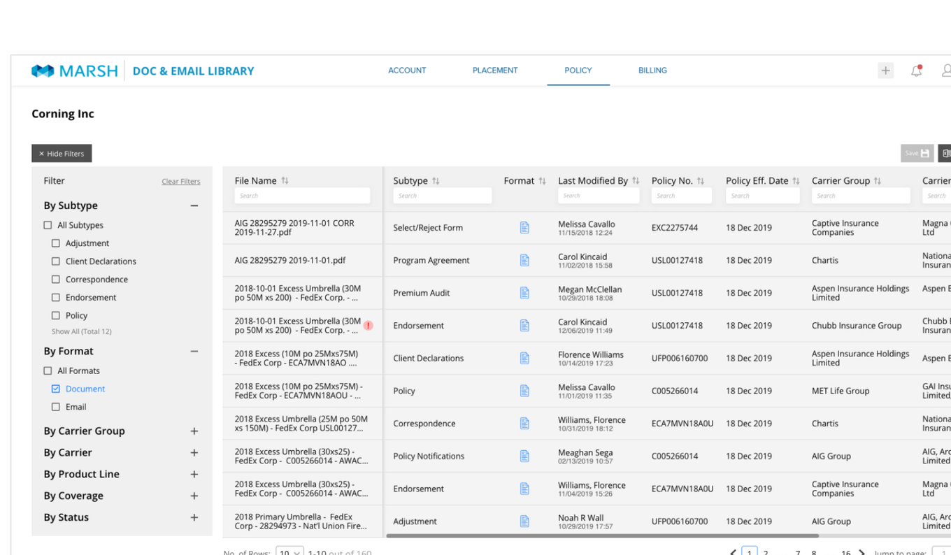 Policy tab with per-column search fields